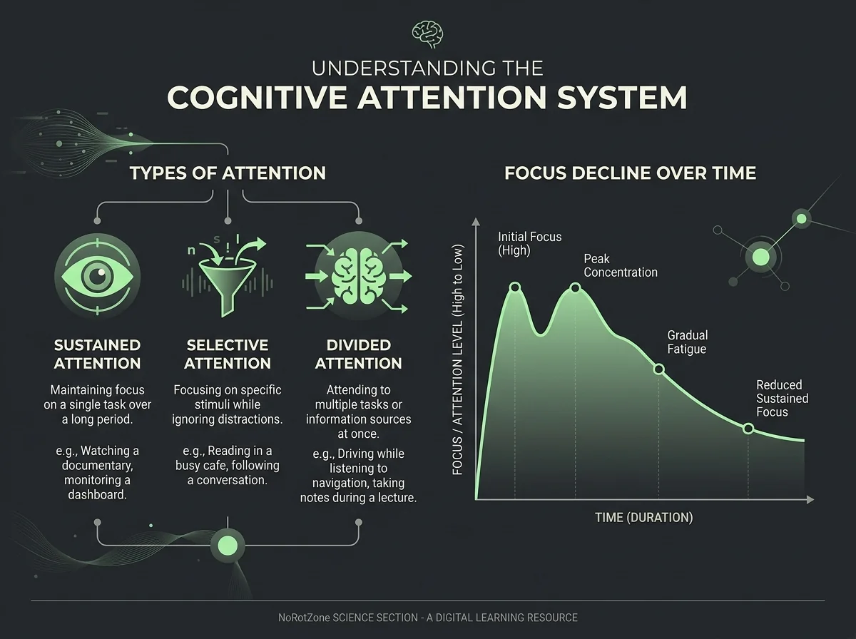 The Attention System — types of attention, the vigilance decrement curve, and what depletes vs. restores focus