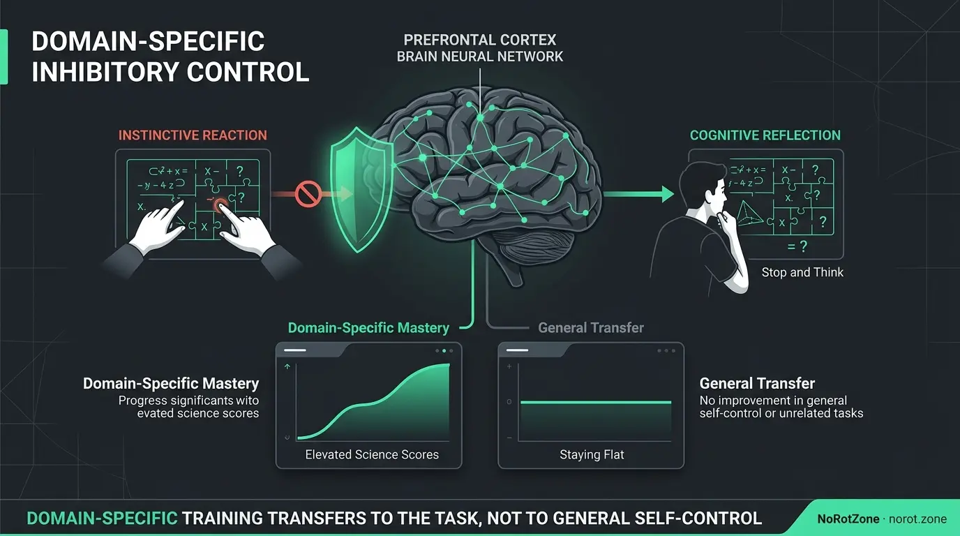 Domain-specific inhibitory control transfer infographic — Stop and Think trial, domain-specific academic gains vs general self-control transfer